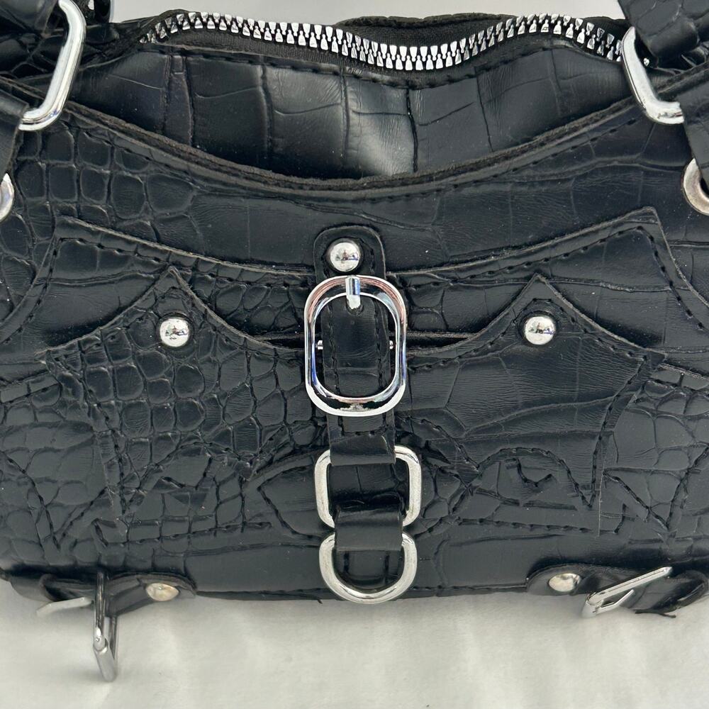 Black Croc Embossed Bat Wing Shoulder Bag Y2K Biker Goth Grunge Purse - Picture 5 of 12